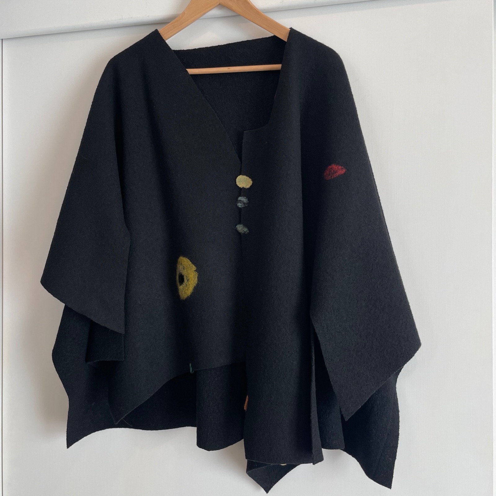 New Handmade Unique Black Poncho Cape With Colorful Felt Detailing